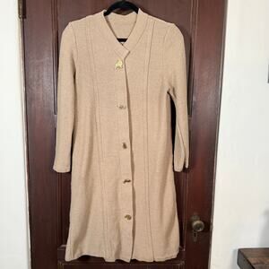 90s Vintage | Beige Wool Long line Cardigan Sweater Gold Cat Buttons | Small